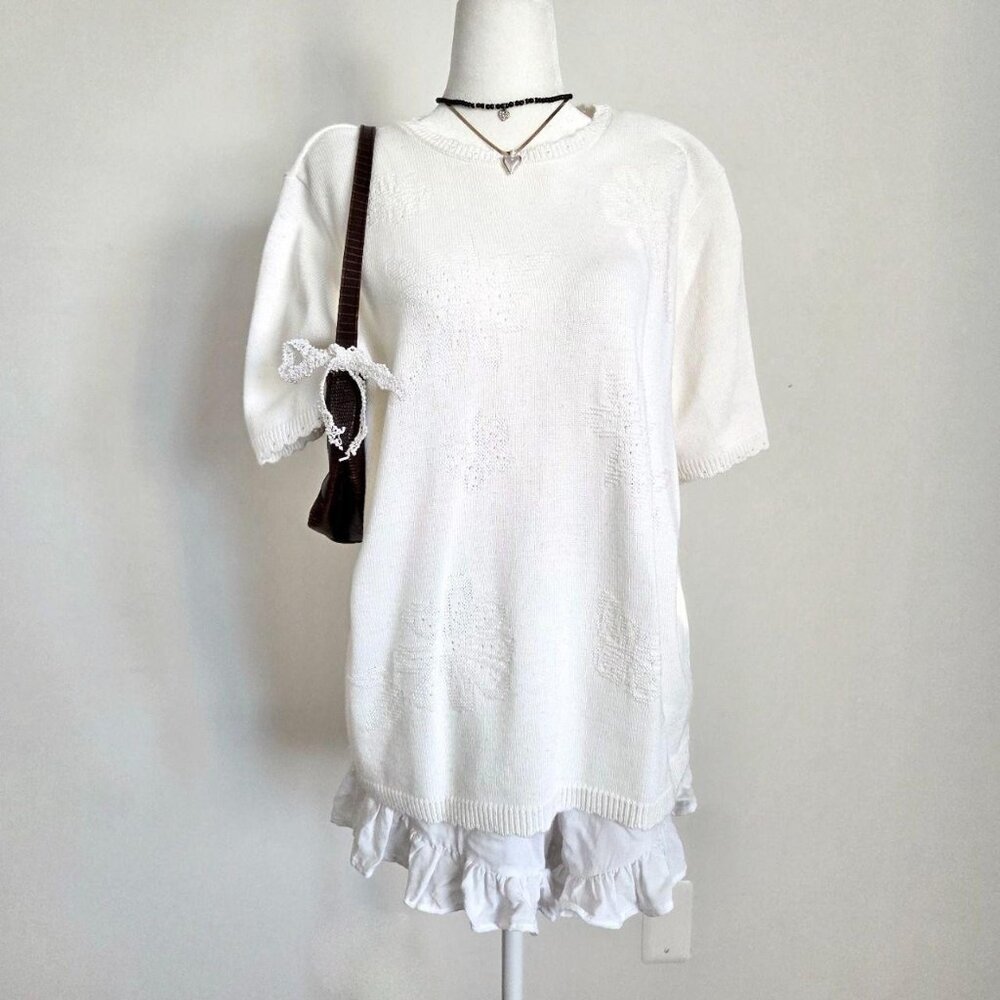 Vtg 90s White Pointelle Knit‎ Short Sleeve Sweater Lg Butterfly Floral Coquette